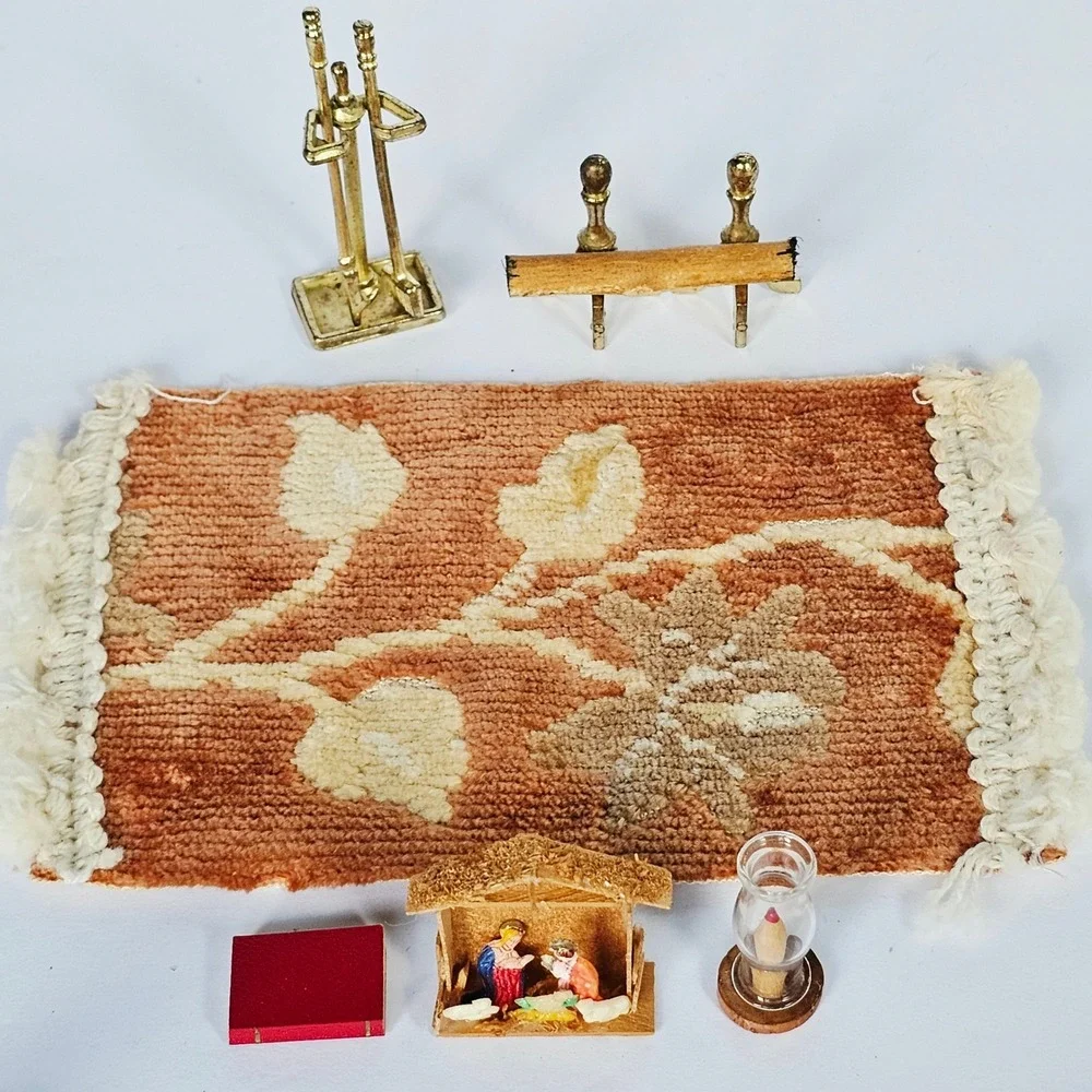 Vintage Dollhouse Christmas Accessories Nativity Fireplace Tools Rug Miniature